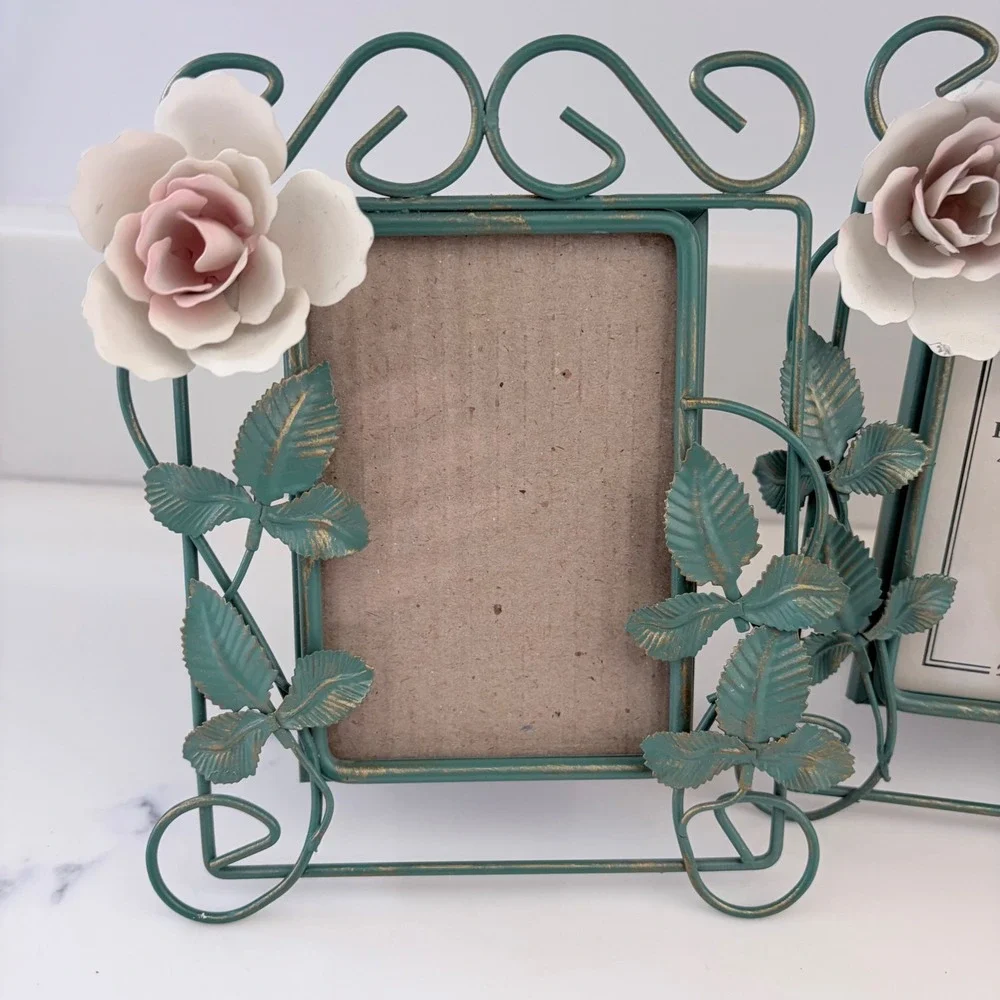 Vintage 1997 Dennis East Metal Rose Picture Frames Set of 3 Teal Cottagecore 3x5